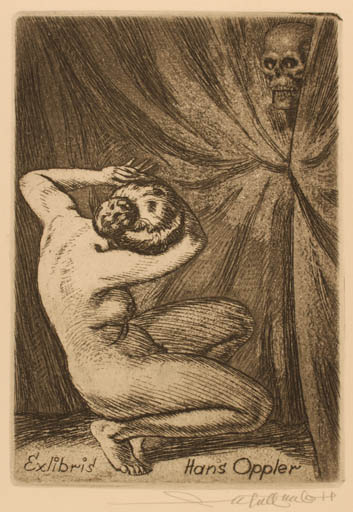 Exlibris by Walter Helfenbein from Germany for Hans Oppler - Death Woman Nude 