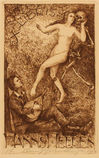 Exlibris by Frans J. Ijserinkhuusen from Netherland for Hanns Heeren - Death Woman Music Nude Couple 