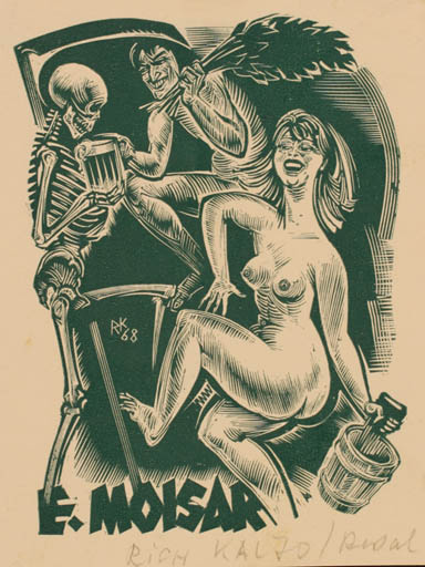 Exlibris by Richard Kaljo from Estonia for E. Moisar - Death Nude Couple 