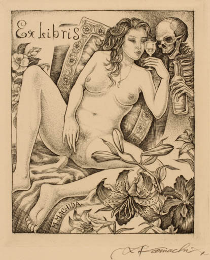 Exlibris by Seiji Kamachi from Japan for M. Machida - Death Erotica Woman Nude 