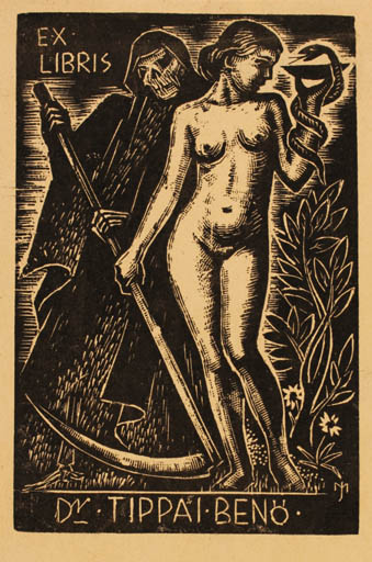 Exlibris by Jozsef Menyhart from Hungary for Dr. Benö Tippai - Death Woman Medicine Nude 