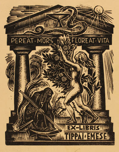 Exlibris by Jozsef Menyhart from Hungary for Emese Tippai - Death Woman 