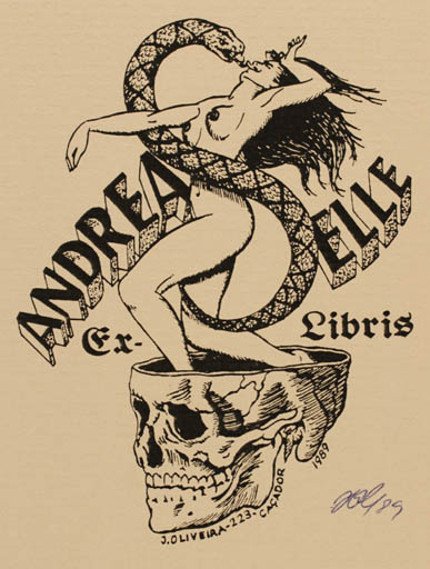 Exlibris by Jorge Olivera from Brazilien for Andreas Selle - Death Fauna Woman 