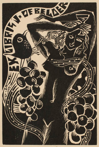 Exlibris by Anna Grmelova from Czech Republic for Josef De Belder - Bird Woman Nude Wine 