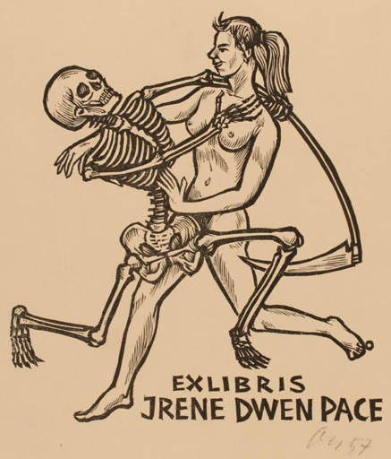 Exlibris by Herbert S. Ott from Germany for Irene Dwen Pace - Dancing Death Woman Nude 