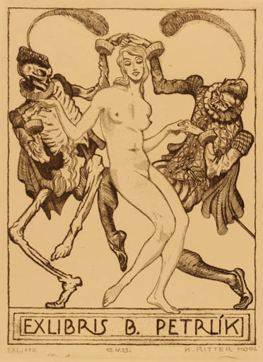 Exlibris by Karl Ritter from Germany for B. Petrlik - Dancing Death Woman Nude 