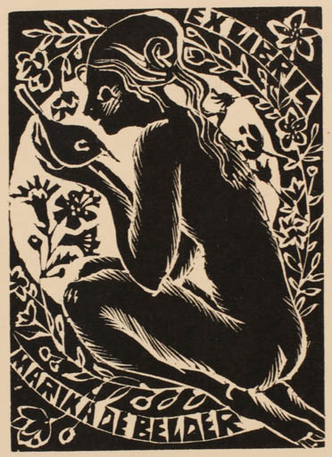 Exlibris by Anna Grmelova from Czech Republic for Marika Belder - Flora Bird Woman 