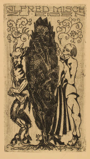 Exlibris by Walter Steinecke from Germany for Alfred Misch - Death Fable Animal 