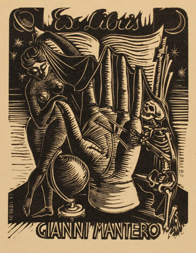 Exlibris by Gian Luigi Uboldi from Italy for Gianni Mantero - Death Hand(s) Woman Nude 