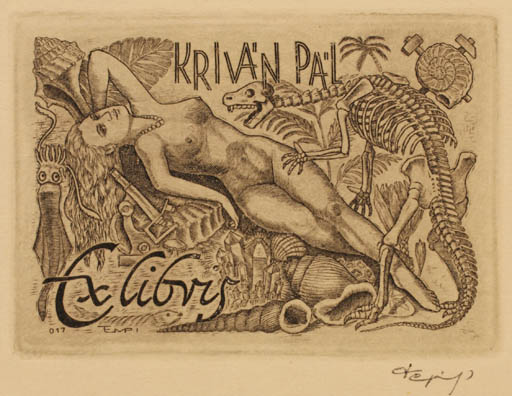 Exlibris by Istvan Tempinszky from Netherland for Krivan Pal - Death Fauna Woman 