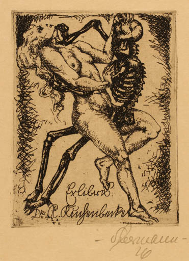 Exlibris by Erwin Theermann from Germany for Dr. A Kuchenbecker - Death Woman Nude 