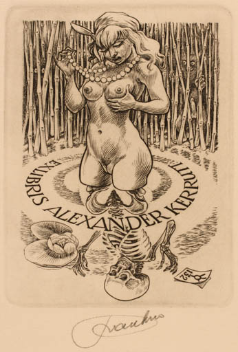 Exlibris by Frank-Ivo van Damme from Belgium for Alexander Kerrutt - Death Scenery/Landscape Nude 