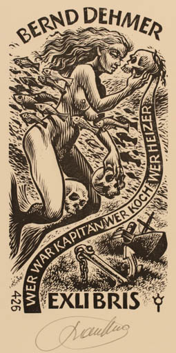 Exlibris by Frank-Ivo van Damme from Belgium for Bernd Dehmer - Death Fish Mermaid Scenery/Landscape Maritime 