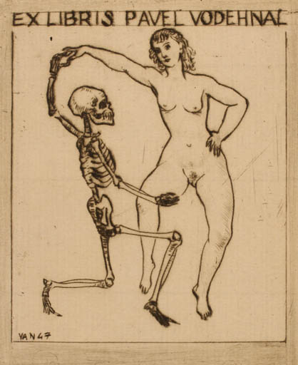 Exlibris by Enrico Vannuccini from Italy for Pavel Vodehnal - Dancing Death Woman Nude 