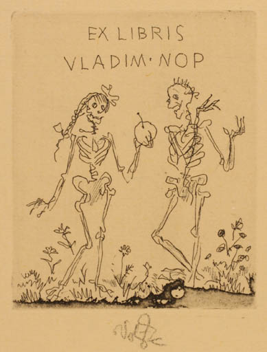 Exlibris by Jaroslav Vodrazka from Czech Republic for Vladim Nop - Adam and Eve Death 