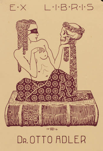 Exlibris by Alfred Wedemeyer from Germany for Dr. Otto Adler - Book Death Jugend Woman 