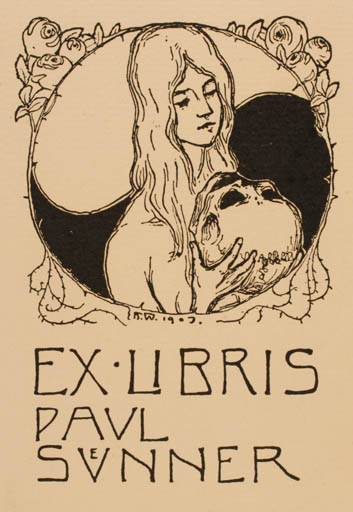 Exlibris by Hans Wildermann from Germany for Paul Suenner - Death Jugend Woman 