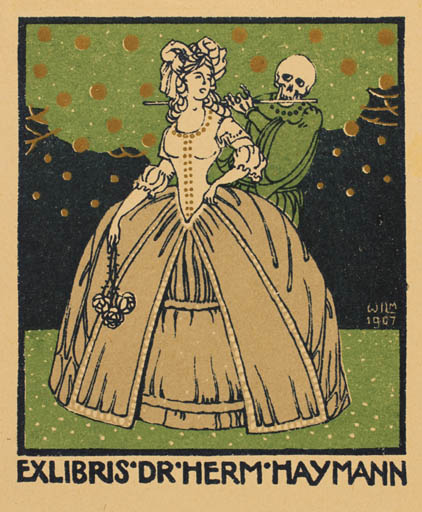 Exlibris by Hubert Wilm from Germany for Dr. Herm Haymann - Death Jugend Woman 