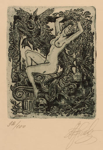 Exlibris by Arkadij Worobjow from Germany for Brigitte Blum - Death Fable Animal Woman Nude 