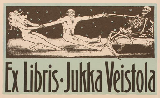 Exlibris by Jukka Veistola from Finland for Jukka Veistola - Death Woman Man Nude 