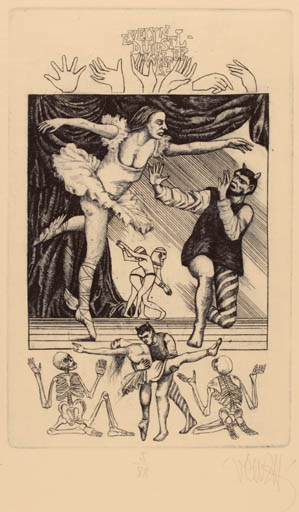 Exlibris by Zoltan Vén from Hungary for Evelyn Dünstl-Walter - Dancing Death Woman Man Theater/Cirkus 