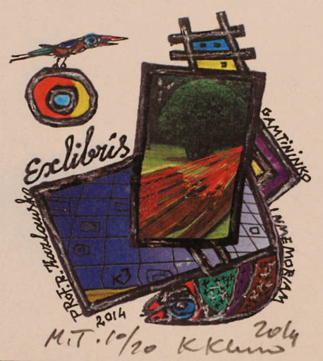 Exlibris by Klemensas Kupriunas from Lithuania for Prof. R Kaslauska - Abstract Bird 