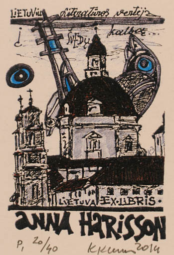 Exlibris by Klemensas Kupriunas from Lithuania for Anna Harisson - Abstract City Bird 