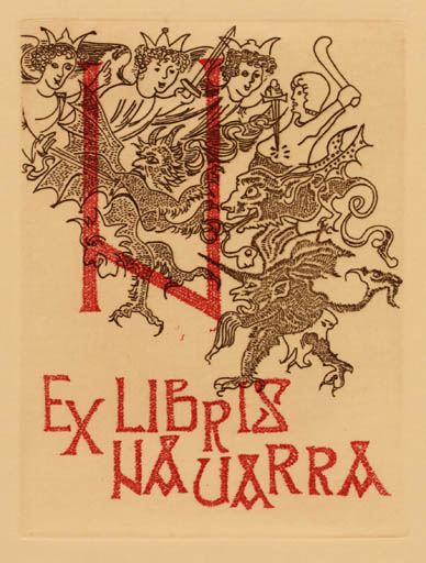 Exlibris by Carmela Sendresen Pozzi from Italy for Evaristo Navarra - Devil Angel Religion 