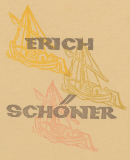 Exlibris by Ottmar Premstaller from Austria for Erich Schöner - Ship/Boat 