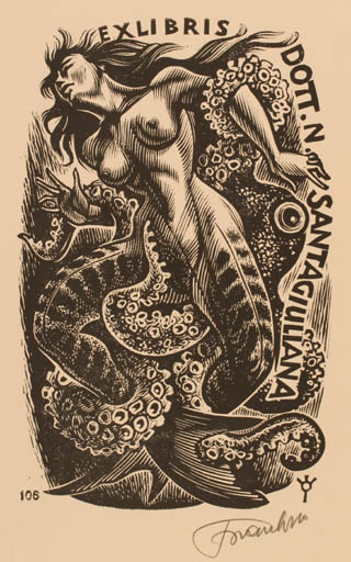 Exlibris by Frank-Ivo van Damme from Belgium for Dr. Nerone Santagiuliana - Mermaid 