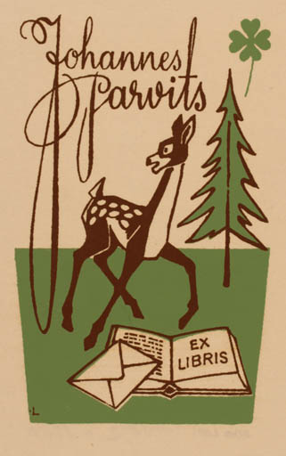 Exlibris by Riho Lahi from Estonia for Johannes Parvits - Book Fauna Tree 