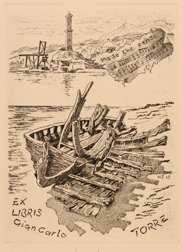 Exlibris by Nino Baudino from Italy for Gian Carlo Torre - Music Ship/Boat 