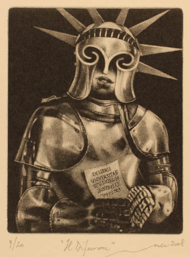 Exlibris by Ivo Mosele from Italy for Universitas Studiorum Insubriae ? - Knight 