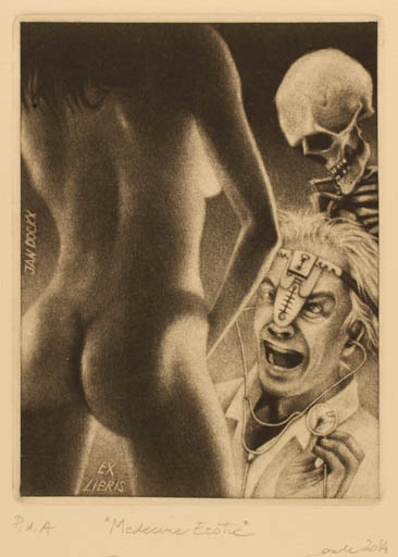 Exlibris by Ivo Mosele from Italy for Jan Dockx - Death Woman Medicine Nude 