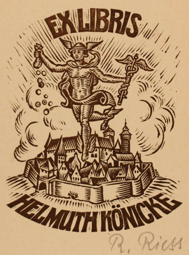 Exlibris by Rudolf Riess from Germany for elmuth Könicke - City Hermes Mythology 