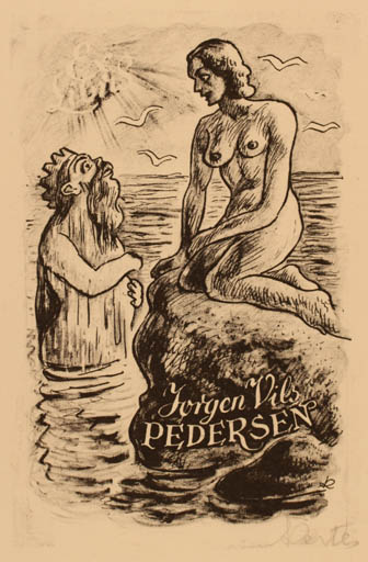 Exlibris by Jenö Kertes-Kollmann from Hungary for Jørgen Vils Pedersen - Mythology Couple 