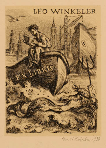 Exlibris by Emil Katrba from Czech Republic for Familie Leo Winkeler - Mythology Ship/Boat 