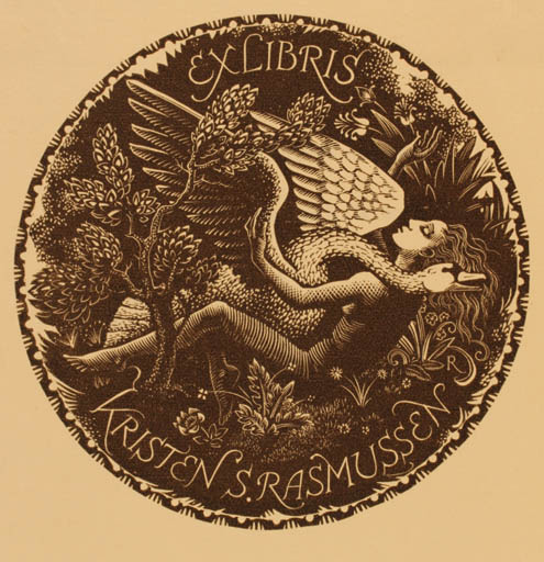 Exlibris by P.G. Reuter from Netherland for Kristen Rasmussen - Leda and the Swan Mythology 