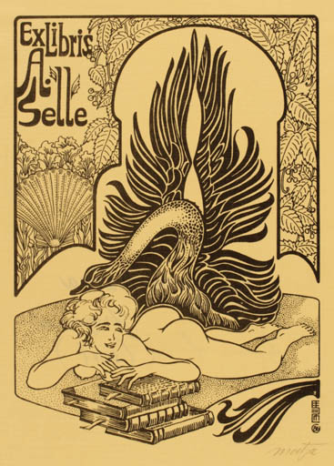 Exlibris by Eugen F. Strobel-Matza from Germany for Familie A. Selle - Jugend Leda and the Swan Mythology 