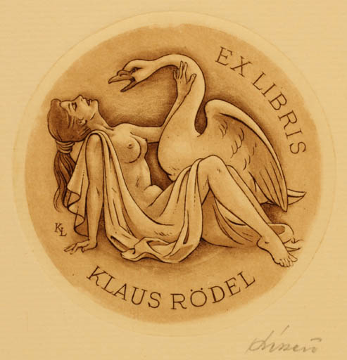 Exlibris by Laszlo Kekesi from Hungary for Klaus Rödel - Leda and the Swan Mythology 