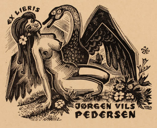 Exlibris by Johann Naha from Germany for Jørgen Vils Pedersen - Leda and the Swan Mythology 