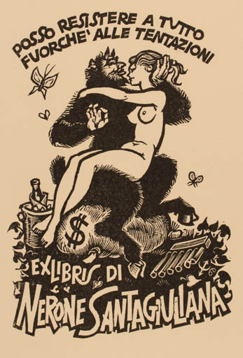 Exlibris by Lorenzo Alessandri from Italy for Dr. Nerone Santagiuliana - Mythology Pan/Faun 