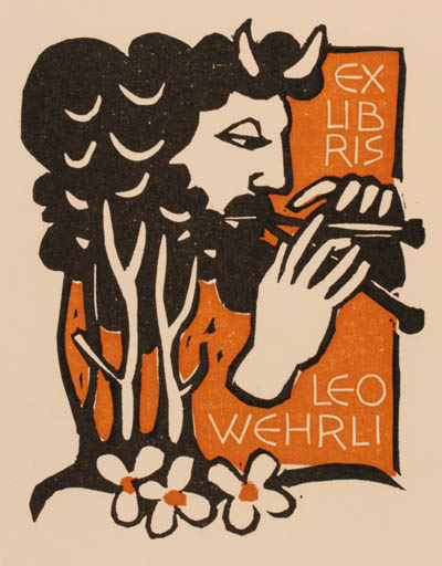 Exlibris by Kobi Baumgartner from Schwitzerland for Leo Wehrli - Mythology Pan/Faun 