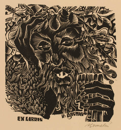 Exlibris by Anna Grmelova from Czechoslovakia for R. Bostal - Mythology Pan/Faun 