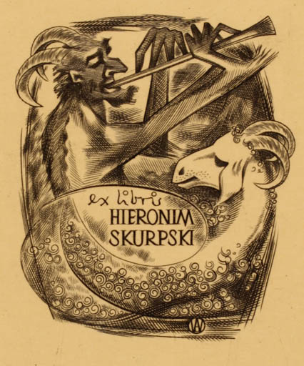 Exlibris by Wojciech Jakubowski from Poland for Hieronima Skurpskiego - Mythology Pan/Faun 