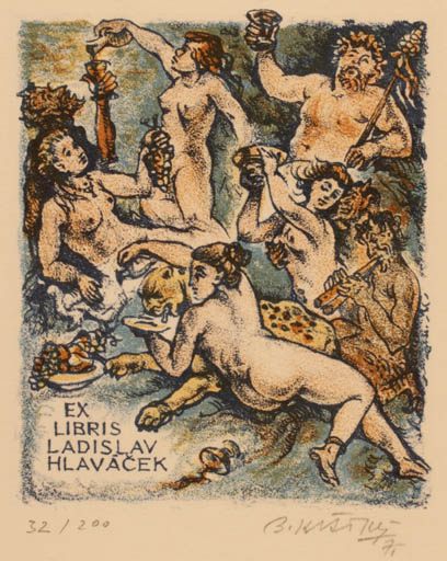 Exlibris by Bohumil Kratky from Czechoslovakia for Ladislav Hlavácek - Mythology Pan/Faun Wine 