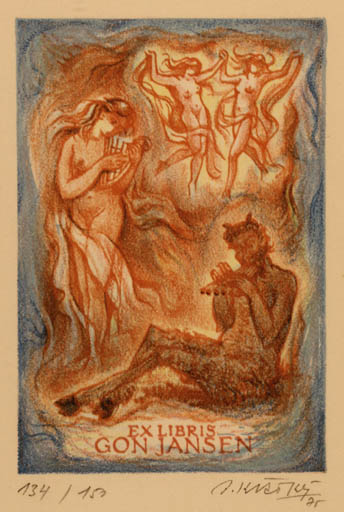 Exlibris by Bohumil Kratky from Czechoslovakia for Gon Jansen - Dancing Mythology Pan/Faun 