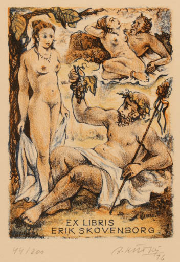 Exlibris by Bohumil Kratky from Czechoslovakia for Erik Skovenborg - Mythology Pan/Faun 