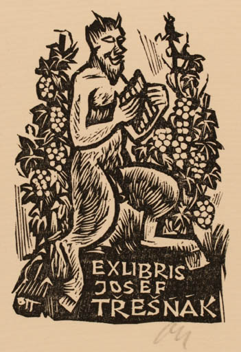 Exlibris by Herbert S. Ott from Germany for Josef Tresnak - Mythology Pan/Faun 