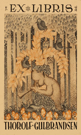 Exlibris by Henry Schjærven from Norway for Thorolf Guldbrandsen - Mythology Pan/Faun 